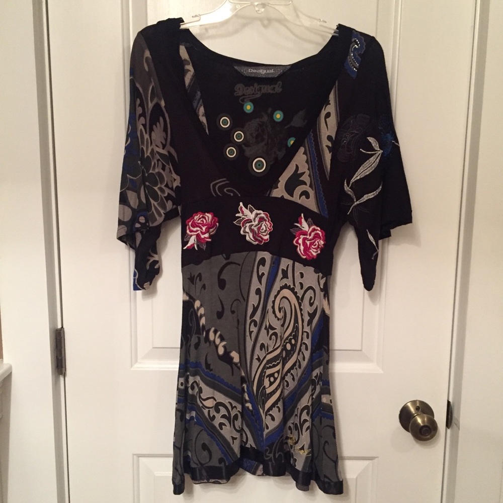 DESIGUAL TOP TUNIC MULTI COLOR BLACK FLORAL Size XS